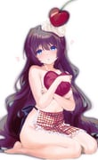 1girl a-chan_(little_busters!) absurdres apron bare_arms bare_shoulders barefoot blue_eyes blush cherry collarbone commentary_request covering_breasts covering_privates cream cream_on_face cream_on_hair crossed_arms curvy eyelashes food food_on_face frilled_apron frills fruit full_body hair_between_eyes hands_up head_tilt heart heart-shaped_pillow highres hugging_object little_busters! long_hair looking_at_viewer miiizuno_lbs naked_apron navel parted_lips pillow pillow_hug plaid_apron plaid_clothes purple_hair seiza simple_background sitting solo tareme thighs topless_female very_long_hair waist_apron wavy_hair white_apron white_background rating:s score:13 post #10167392