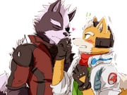 !? 2boys animal_ears artist_name blush brown_fur closed_eyes closed_mouth english_commentary fox_boy fox_ears fox_mccloud fox_tail furry furry_male green_shirt grey_fur jacket kiss kissing_hand looking_at_another male_focus multiple_boys nieh4real open_mouth red_jacket red_scarf scarf shirt starlink:_battle_for_atlas surprised tail white_background white_jacket wolf_boy wolf_ears wolf_o'donnell wolf_tail yaoi rating:g score:3 post #9821907