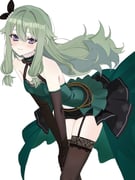 1girl alternate_costume bare_shoulders black_bow black_gloves black_shorts black_thighhighs blush bow breasts choker closed_mouth commentary crotch_seam double-parted_bangs dress elbow_gloves eyelashes frilled_choker frills garter_straps gloves green_choker green_dress green_hair hair_between_eyes hair_bow hair_flaps halter_dress halterneck hands_on_own_thigh hands_on_own_thighs highres kusanagi_nene lace-trimmed_dress lace-trimmed_thighhighs lace_trim leaning_forward long_hair long_sidelocks low-tied_sidelocks micro_shorts midriff_peek navel pearl_hair_ornament project_sekai purple_eyes rea_0523 shorts showgirl_skirt sidelocks simple_background skindentation small_breasts smile solo symbol-only_commentary thighhighs white_background rating:s score:2 post #10176886