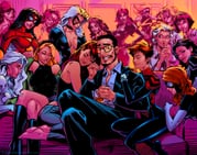 1boy 6+girls absurdres annotated barefoot betty_brant black_hair black_hairband black_jacket black_pants black_widow blonde_hair blue_shirt bodysuit breasts breasts_apart captain_marvel carol_danvers cindy_moon cleavage closed_eyes collared_shirt commentary cup cut_glass drinking_glass elektra_natchios english_commentary everyone facial_hair felicia_hardy firestar_(marvel) glasses gwen_stacy hairband harem highres holding holding_cup jacket jessica_drew julia_carpenter kitty_pryde liz_allan long_hair long_sleeves looking_at_viewer marvel mary_jane_watson mask may_parker mayday_parker medium_breasts ms._marvel multiple_girls natasha_romanoff netorare open_clothes open_jacket pants paul_rabin red_hair rocks_glass shirt short_hair silk silk_(marvel) silver_sable simple_background sitting smile spider-girl spider-man_(series) spider-woman spider_web_print superhero_costume toes tyler_cairns western_comics_(style) white_hair rating:s score:39 post #7698135