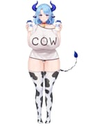1girl absurdres animal_collar animal_ears animal_print asymmetrical_sidelocks bell blue_eyes blue_hair blue_horns blue_pupils blush bottle breasts bright_pupils closed_mouth clothes_writing collar collarbone cow_ears cow_girl cow_print cow_print_panties cow_print_thighhighs cow_tail cowbell cream_cod dot_nose full_body highres holding holding_bottle horn_ornament horns huge_breasts indie_virtual_youtuber lips looking_at_viewer miilkywayz milk mole mole_under_eye mole_under_mouth official_art parted_bangs print_thighhighs shirt short_sleeves sidelocks single_off_shoulder solo standing star-shaped_pupils star_(symbol) straight-on symbol-shaped_pupils tachi-e tail tareme taut_clothes taut_shirt thigh_gap thighhighs transparent_background virtual_youtuber white_background white_shirt wide_hips rating:s score:11 post #10171854