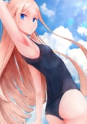 1girl abigail_williams_(fate) absurdres arm_up armpit_focus armpits ass black_one-piece_swimsuit blonde_hair blue_eyes blue_sky blush breasts fate/grand_order fate_(series) forehead highres long_hair looking_at_viewer mt_(mt_203) one-piece_swimsuit parted_bangs presenting_armpit school_swimsuit sky small_breasts solo swimsuit rating:s score:18 post #10116626