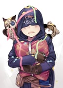 1boy belt belt_pouch bird blindfold blue_capelet blue_shirt brown_belt brown_gloves button_eyes buttons capelet chibi confetti eli_clark eli_clark_(longing_tiger) facial_mark facing_viewer gift gloves highres holding holding_gift hood hood_up hooded_capelet identity_v ieiieiiei light_blush male_focus open_mouth owl pouch print_blindfold ribbon shirt white_background rating:g score:0 post #10176384