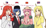 4girls :d ^_^ ahoge alternate_costume arms_behind_back badge black_necktie blonde_hair blue_hair bocchi_the_rock! branch brand_name_imitation business_suit closed_eyes coffee_mug commentary cup detached_ahoge dual_wielding english_commentary english_text eyes_visible_through_hair filipino_text flag flying_sweatdrops formal_clothes gotoh_hitori hair_between_eyes hair_ornament hairclip hat highres hinghoi holding holding_branch holding_cup ijichi_nijika indonesia indonesian_flag jacket jingasa kessoku_band kita_ikuyo leaf logo_parody long_hair long_sleeves looking_at_viewer medium_hair mole mole_under_eye mug multiple_girls necktie nescafe one_side_up orange_eyes parted_bangs philippine_flag philippines pink_hair pink_jacket politics red_hair shirt short_sleeves side_ponytail sidelocks smile songkok steam suit sweatdrop tagalog_text temperature thai_flag thailand thermometer track_jacket translated turtleneck turtleneck_jacket vietnam vietnamese_flag whistle whistle_around_neck white_background white_shirt yamada_ryo yellow_eyes yellow_shirt zipper rating:g score:68 post #6214795