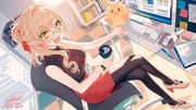 1girl black_pantyhose black_shirt blew_andwhite blonde_hair breasts checkered_floor commission computer_keyboard computer_mouse crossed_legs cup dated glasses glitch_stars green-framed_eyewear hair_ribbon highres holding holding_cup kamogumi_(kanna_yanagi) kanna_yanagi lanyard monitor multicolored_hair open_mouth orange_ribbon pantyhose pen red_skirt ribbon shirt shoes signature sitting skeb_commission skirt sleeveless sleeveless_shirt smile sticky_note streaked_hair twitter_username white_hair white_shoes yellow_eyes rating:s score:4 post #10175279