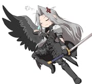 anger_vein arm_up armor bandages black_boots black_coat black_gloves black_pants black_wings boots bracer chest_strap chibi closed_eyes coat commentary_request cracked_armor feathered_wings final_fantasy final_fantasy_vii final_fantasy_vii_remake gloves grey_hair hair_intakes hattouissenbaka high_collar highres holding holding_sword holding_weapon knee_boots long_coat long_hair masamune_(ff7) messy_hair pants parody parted_bangs pauldrons sephiroth shoulder_armor single_wing style_parody sword torn_clothes touhou weapon white_background wings zun_(style) rating:g score:0 post #10177229