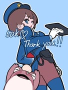 1girl 1other arimoto_wataru belt blue_background blue_eyes blue_hat blue_shirt blush blush_stickers breasts brown_hair commentary_request cuffs english_text female_service_cap frog handcuffs hat head_bump highleg highres holding holster jacket looking_at_viewer looking_back medium_breasts milestone_celebration open_clothes open_jacket open_mouth original peaked_cap police police_badge police_hat police_uniform policewoman shirt short_hair shoulder_holster simple_background thank_you thighhighs walkie-talkie white_background rating:s score:5 post #10155018