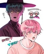 ! 2boys amo_0202 aqua_hair baby_(kpop_demon_hunters) bamby_(plave) character_name gat_(hat) glowing glowing_eyes hair_between_eyes hat highres korean_clothes kpop_demon_hunters looking_at_viewer male_focus multiple_boys open_mouth pink_hair pink_shirt plave shirt short_hair simple_background turtleneck upper_body white_background yellow_eyes rating:g score:2 post #10150578