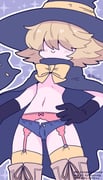 1girl black_cape black_gloves black_hat blue_shorts blush bow brown_hair cape commentary_request flat_chest garter_straps gloves hair_over_eyes hand_on_own_hip hat highres ishuzoku_reviewers navel pink_garter_belt purple_background short_shorts shorts smile solo sparkle thighhighs tiesse tkyurc witch witch_hat yellow_bow yellow_thighhighs rating:s score:7 post #9914516