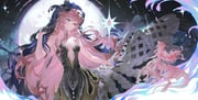 1girl aqua_eyes bare_shoulders black_dress black_hands black_veil blue_veil breasts centauroid chimera cleavage closed_eyes collarbone colored_extremities cowboy_shot dress floating floating_object full_body full_moon gem gradient_skin hair_between_eyes hand_up hashtag-only_commentary highres hollow_body hooves lizard_tail long_hair looking_at_object medium_breasts misa_(misonyeo_s2) monster_girl moon multiple_legs nautika_(reverse:1999) parted_lips pink_gemstone pink_hair plunging_neckline rearing reverse:1999 sidelocks standing standing_on_one_leg strapless strapless_dress tail talons taur two-tone_veil veil very_long_hair rating:s score:5 post #10130475