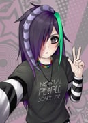 1girl alternate_costume alternate_hair_color bead_necklace beads black_eyeshadow burn_scar clothes_writing commentary english_commentary eyeshadow green_hair grey_shirt hair_over_one_eye highres ikezawa_hanako jewelry katawa_shoujo long_hair makeup multicolored_hair necklace niomesan open_mouth peace_symbol purple_eyes purple_hair raccoon_tails_(hairstyle) scar scar_on_face scene_fashion shirt signature star_(symbol) streaked_hair striped_clothes upper_body w rating:g score:4 post #10097357