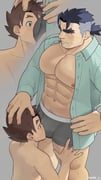 2boys abs animated bara black_hair blue_shirt blush brown_eyes brown_hair bulge chest_hair facial_hair gammei_(live_a_hero) grabbing_another's_head grey_male_underwear hands_on_another's_thighs large_pectorals leg_hair live_a_hero looping_animation male_focus male_protagonist_(live_a_hero) male_underwear masa_(mshk_s) multiple_boys muscular muscular_male navel nipples open_clothes open_shirt pectorals ponytail pubic_hair shirt size_difference smile stomach_hair stubble thick_eyebrows thick_thighs thighs underwear video yaoi rating:q score:1 post #10174041
