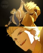 0304rong0304 1boy 1girl absurdres ankle_grab armor artoria_pendragon_(fate) blonde_hair bloomers blue_dress braid comic commentary_request dress fate/stay_night fate_(series) gilgamesh_(fate) gold_armor greaves green_eyes highres holding holding_sword holding_weapon juliet_sleeves korean_commentary long_dress long_sleeves open_mouth puffy_sleeves red_eyes saber_(fate) silent_comic smile sweat sword upside-down watermark weapon white_bloomers rating:g score:1 post #10175059
