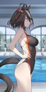 4girls ahoge animal_ears black_hair black_one-piece_swimsuit commentary_request competition_swimsuit cowboy_shot from_side hands_on_own_hips highres horse_ears horse_girl horse_tail indoors kitasan_black_(umamusume) kouhaku_nawa multicolored_hair multicolored_swimsuit multiple_girls one-piece_swimsuit pool profnote red_eyes rope shimenawa solo_focus streaked_hair swimsuit tail umamusume rating:s score:42 post #10174178
