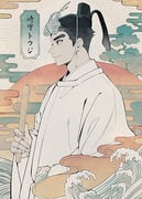 1boy black_eyes black_hair blue_fire fiery_horns fire folded_fan folding_fan from_side fructua_kk hand_fan highres holding holding_fan horns japanese_clothes kanmuri kimono male_focus sakimori_toji solo spiked_hair sunset thick_eyebrows tokyo_afterschool_summoners tree waves white_kimono rating:g score:0 post #10174776