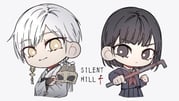 1boy 1girl black_eyes black_hair black_sailor_collar black_serafuku black_shirt black_skirt blood blood_on_weapon bridal_gauntlets chibi chibi_only copyright_name crossed_arms earrings fox_mask fox_mask_(silent_hill) furrowed_brow hair_tie highres holding holding_lead_pipe holding_mask japanese_clothes jewelry lead_pipe light_smile long_hair low_ponytail mask motoyui necktie pleated_skirt ponytail red_necktie robe sailor_collar school_uniform serafuku shimizu_hinako shirt short_hair silent_hill_(series) silent_hill_f single_earring skirt sumisamuuu tassel tassel_earrings upper_body weapon white_background white_hair white_robe yellow_eyes rating:g score:2 post #10110114
