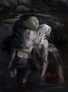 2boys absurdres arm_around_shoulder arm_around_waist belt black_pants black_robe blood blood_on_chest blood_on_face closed_eyes closed_mouth final_fantasy final_fantasy_vii final_fantasy_vii_ever_crisis glenn_lodbrok highres hood hood_down hooded_robe long_hair luluzhang998873 male_focus multiple_belts multiple_boys pale_skin pants parted_bangs robe sephiroth topless_male torn_clothes torn_pants white_hair rating:s score:1 post #9444046