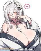 1girl ahoge alternate_breast_size_(larger) arm_at_side armpit_crease azur_lane bare_shoulders between_breasts bird_mask black_collar black_ribbon blush breasts bright_pupils collar collarbone commentary fanbox_username finger_to_cheek gigantic_breasts grey_hair grin hair_between_eyes hair_ribbon hakuhou_(azur_lane) half-closed_eyes hand_up heart highres huge_ahoge japanese_clothes kimono long_bangs long_hair long_sleeves looking_at_viewer mask mask_on_head off_shoulder parted_lips patreon_username ribbon rikuguma simple_background smile solo speech_bubble spoken_heart striped_ribbon twitter_username two-tone_collar upper_body white_background white_collar white_kimono white_pupils wide_sleeves yellow_eyes rating:s score:29 post #10172204