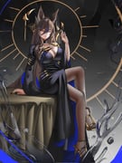 1girl absurdres animal_ears arcana_(paradise_regained)_(reverse:1999) arcana_(reverse:1999) arcana_(reverse:1999)_(cosplay) arm_support black_background black_choker black_dress black_nails black_pantyhose blue_hair breasts brown_hair brown_horns choker cleavage closed_eyes cosplay crossed_legs dress extra_ears full_body galleon_(granblue_fantasy) gold_sandals gradient_background granblue_fantasy grey_background hair_between_eyes halo halo_behind_head hand_up high_heels highres horns large_breasts long_dress long_hair multicolored_hair notgustiarp on_rock pantyhose pointy_ears reverse:1999 sandals side_slit sitting smile solo streaked_hair v-neck very_long_hair water_drop wide_sleeves rating:s score:17 post #10109572