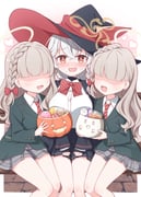 3girls blue_archive blush bow braid commentary_request eri_(blue_archive) halo harada_(sansei_rain) hat highres jacket long_hair multiple_girls shirt skirt white_shirt witch_hat rating:g score:1 post #10176989