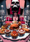 1girl blunt_bangs burger cake chicken_(food) couch cushion edoya_inuhachi food highres on_couch original plate skeleton solo rating:g score:1 post #10167080