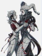 1boy 1girl blackberreh-art breasts clown clown_makeup dancing design_speculation doll doll_joints eyelashes hat highres jester_cap jester_costume joints lips makeup mannequin neck_ruff nikola_orsinov scar scar_on_face sideburns smile the_magnus_archives tim_stoker white_background rating:g score:0 post #10171273