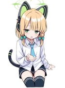 1girl animal_ear_headphones animal_ears black_shorts black_tail black_thighhighs blonde_hair blue_archive blue_necktie blush bow cat_ear_headphones cat_ears cat_tail collared_shirt cowboy_shot cropped_legs fake_animal_ears fake_tail green_bow green_eyes green_halo hair_bow halo hand_up headphones long_sleeves looking_at_viewer low-tied_sidelocks medium_hair midori_(blue_archive) necktie no_jacket open_mouth parted_bangs shirt shorts sidelocks simple_background sitting solo suiran_(suiran0111) sweatdrop tail tail_raised thighhighs white_background white_shirt rating:q score:0 post #10176735
