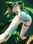 1girl absurdres ancient_egyptian_clothes ass breasts commentary fake_claws finger_claws from_behind genshin_impact green_background green_hair green_shirt highres medium_breasts miniskirt nefer_(genshin_impact) nmaywo shirt short_hair skindentation skirt solo symbol-only_commentary thigh_strap watermark white_skirt rating:s score:10 post #10175308