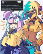 2girls absurdres black_mask blonde_hair blue_eyes blue_hair blue_nails bobamiruku breasts bright_pupils canari_(pokemon) center-flap_bangs cleavage criss-cross_halter english_text fake_hair_bun grey_eyes halterneck highres iono_(pokemon) jacket large_breasts long_hair long_sleeves looking_at_another mask mouth_mask multicolored_hair multiple_girls navel pants pink_eyes pink_hair pokemon pokemon_legends:_z-a pokemon_sv screenshot_inset sharp_teeth short_hair short_twintails sleeves_past_fingers sleeves_past_wrists speech_bubble split-color_hair sports_bra sweatdrop teeth twintails twitter two-tone_mask white_pupils yellow_jacket yellow_mask yellow_nails yellow_sports_bra rating:s score:44 post #10151049