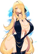 1girl alternate_breast_size_(larger) arm_behind_back backless_dress backless_outfit black_choker black_dress black_thighhighs blonde_hair blush breasts brown_eyes chain choker cleavage clothing_cutout collarbone commentary_request cynthia_(pokemon) dress eyelashes facing_viewer gold_chain hair_ornament hair_over_one_eye hair_over_shoulder halter_dress halterneck highres hip_vent huge_breasts jewelry long_hair looking_at_viewer modakawa_dress narrow_waist narrowed_eyes navel open_clothes open_dress pelvic_curtain plunging_neckline pokemon pokemon_dppt sidelocks simple_background sleeveless sleeveless_dress smile solo thighhighs usa37107692 very_long_hair wide_hips rating:q score:106 post #9948185