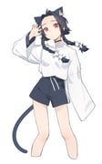 1girl animal_ear_fluff animal_ears arm_at_side black_choker black_hair black_shorts bow bowtie braid braided_sidelocks cat_ears cat_girl cat_tail choker claw_pose closed_mouth collared_shirt commentary covered_groin cropped_legs curtained_hair drawstring ear_piercing eyes_visible_through_hair floating_hair hair_tubes hand_up head_tilt high_collar highres kamatpit long_sleeves looking_at_viewer original parted_bangs piercing raised_eyebrows red_eyes shirt shirt_tucked_in short_hair_with_long_locks short_shorts shorts simple_background single_sleeve_past_fingers solo standing tail twin_braids white_background white_bow white_bowtie white_shirt wide_sleeves rating:s score:7 post #10174661