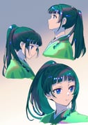 1girl beads blue_eyes blunt_bangs chii_(chi_hrd) chinese_clothes closed_mouth expressionless green_hair green_shirt grey_background hair_beads hair_ornament highres kusuriya_no_hitorigoto long_hair maomao_(kusuriya_no_hitorigoto) multiple_views ponytail portrait profile shirt solo upper_body rating:g score:7 post #10171329