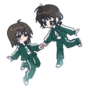 2girls ahoge antenna_hair arm_at_side brown_eyes brown_hair cho_hyun-ju closed_mouth collared_jacket deformed dot_nose earrings eye_contact fist_bump flower_earrings full_body green_jacket green_pants green_shoes hashtag-only_commentary highres jacket jewelry kim_young-mi long_sleeves looking_at_another low_ponytail multiple_girls no_pupils open_clothes open_jacket pants ponytail puffy_long_sleeves puffy_sleeves shirt shoes short_hair short_ponytail single_vertical_stripe smile squid_game standing standing_on_one_leg tearing_up track_jacket track_pants white_background white_shirt ziralday rating:g score:0 post #10094663