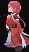 1girl apron black_background black_pantyhose breasts bridal_gauntlets closed_mouth frilled_apron frilled_kimono frills from_side hair_intakes hairband highres japanese_clothes jewelry kimono large_breasts long_hair long_sleeves looking_at_viewer low_ponytail maid maid_headdress mikami_(nemu_mohu) obi pantyhose ponytail puppet_strings re:zero_kara_hajimeru_isekai_seikatsu red_eyes red_hair red_kimono ring sash smile solo string string_of_fate thread wa_maid waist_apron white_apron white_hairband wide_sleeves yae_tenzen rating:g score:1 post #10175246