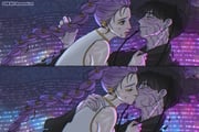 1boy 1girl b_1ove black_hair body_markings braid braided_ponytail closed_eyes commentary_request demon earrings eye_contact facial_mark gat_(hat) hat hetero jewelry jinu_(kpop_demon_hunters) korean_commentary kpop_demon_hunters light_smile looking_at_another purple_hair rumi_(kpop_demon_hunters) sleeveless tears twitter_username yellow_eyes rating:g score:4 post #10127675