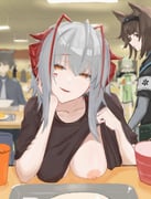 1boy 3girls antenna_hair arknights black_hairband black_shirt blurry breasts brown_hair cafeteria clothes_lift commentary_request cup demon_girl demon_horns elbow_rest flashing grey_hair hairband highres horns kal'tsit_(arknights) large_breasts lifting_own_clothes looking_at_viewer medic_(arknights) multiple_girls ncfnwzn nipples no_bra oppai_challenge orange_eyes pov_across_table public_indecency shirt shirt_lift short_hair solo_focus star_of_life w_(arknights) rating:q score:63 post #10130193