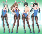 4girls absurdres animal_ears aqua_eyes aqua_hair ass back bare_shoulders black_hair blue_eyes blue_leotard blush bow bowtie breasts brown_hair brown_pantyhose cleavage commentary_request covered_navel detached_collar fake_animal_ears full_body gradient_background green_background hair_ornament hair_ribbon hairclip highres kantai_collection kumano_(kancolle) large_breasts leotard long_hair looking_at_viewer medium_breasts mikuma_(kancolle) mogami_(kancolle) multiple_girls nitamako_(sakamalh) pantyhose playboy_bunny rabbit_ears rabbit_tail ribbon short_hair small_breasts smile strapless strapless_leotard suzuya_(kancolle) tail traditional_bowtie twintails wrist_cuffs rating:s score:18 post #10154695