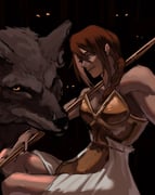 1girl absurdres animal armor braid breasts brown_hair cleavage commentary dark-skinned_female dark_skin dress effie_(shadow_slave) english_commentary feet_out_of_frame glowing glowing_eyes grin hair_between_eyes head_tilt highres jiejiepen looking_at_viewer muscular muscular_female oversized_animal parted_lips pelvic_curtain polearm shadow_slave sidelocks sitting smile spear too_many_eyes weapon white_dress wolf yellow_eyes rating:s score:6 post #10159430