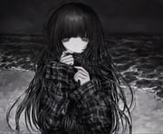 1girl beach black_hair black_scarf black_shirt blunt_bangs chan8016 expressionless grey_eyes hands_up highres long_hair long_sleeves looking_at_viewer messy_hair monochrome_background muted_color ocean original pale_skin plaid_clothes plaid_shirt scarf shirt sleeves_past_wrists solo upper_body rating:g score:5 post #10139027
