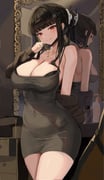 1girl black_bra black_hair bra bra_peek breasts covered_navel d_(killer_wife)_(nikke) d_(nikke) dongtan_dress dress goddess_of_victory:_nikke grey_dress heart heart_necklace highres jewelry necklace official_alternate_costume pencil_dress ponya_0000 smile solo underwear rating:s score:63 post #10153986