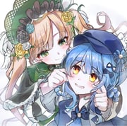 2girls black_bow black_capelet black_hat blonde_hair blue_hair bonnet bow braid braided_hair_rings capelet cheek_pull closed_mouth commentary_request commission deerstalker flower green_capelet green_eyes hair_bow hair_flower hair_ornament hair_rings hat highres lolita_fashion long_hair long_sleeves looking_at_another mahou_shoujo_no_majo_saiban multiple_girls open_mouth rose short_hair shyaruru simple_background skeb_commission smile tachibana_sherry tono_hanna twintails upper_body white_background yellow_eyes yellow_flower yellow_rose rating:g score:0 post #10174297