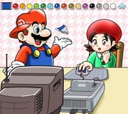 1boy 1girl absurdres adeleine black_hair blue_eyes blue_overalls blush brown_hair chair commentary_request company_connection computer_mouse crossover crt facial_hair game_console gloves hat highres holding_computer_mouse kirby_(series) kirby_64 long_sleeves mario mario_(series) mario_paint mohnyb39_resuq mousepad_(object) mr._crayon_(mario) mustache open_mouth overalls paintbrush purple_eyes radio_antenna red_hat red_shirt shirt short_hair sideways_hat super_famicom super_famicom_cartridge white_gloves rating:g score:9 post #10157389