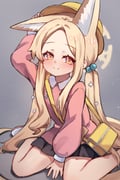 1girl animal_ears bag black_skirt blonde_hair blue_archive closed_mouth commentary cosplay english_commentary forehead fox_ears fox_girl fox_tail grey_background hair_bobbles hair_ornament halo hat highres kindergarten_uniform kisaki_(blue_archive) kisaki_(blue_archive)_(cosplay) kisaki_(kindergarten_uniform)_(blue_archive) long_hair long_sleeves low_twintails miniskirt miya_(miyaruta) pink_shirt puffy_long_sleeves puffy_sleeves red_eyes school_hat seia_(blue_archive) shirt shoulder_bag sitting skirt smile solo split_mouth tail twintails very_long_hair wariza yellow_bag yellow_halo yellow_hat rating:g score:17 post #10157455