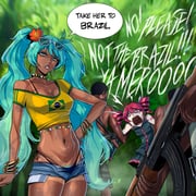 2girls absurdres ahoge ak-47 akm aqua_hair assault_rifle bikini bogidark bracelet brazilian_flag brazilian_flag_print brazilian_miku breasts cleavage collarbone commentary dark-skinned_female dark-skinned_male dark_skin drill_hair english_commentary eyewear_on_head flag_print flower gun hair_flower hair_ornament hatsune_miku highres jewelry kalashnikov_rifle kasane_teto kasane_teto_(utau) long_hair meme midriff multiple_boys multiple_girls navel open_fly open_mouth pubic_hair red_eyes red_hair red_trim rifle scene_reference shirt small_breasts solo sunglasses swimsuit take_him_to_detroit_(meme) tan tanlines the_kentucky_fried_movie thong twin_drills twintails utau vocaloid weapon yellow_shirt rating:s score:29 post #10069712