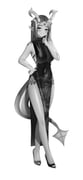 1girl absurdres braid breasts commission crown_braid demon_horns demon_tail dress facial_mark fishnet_pantyhose fishnets forehead_mark full_body greyscale hand_on_own_hip high_heels highres horns large_breasts long_dress lumpychan monochrome original pantyhose pointy_ears shoulder_tattoo side_slit sideboob solo tail tattoo turtleneck turtleneck_dress rating:s score:3 post #10176449