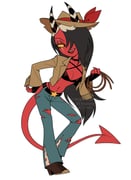 1girl :d absurdres belt bikini black_belt black_bikini black_choker black_eyes black_gloves black_hair black_horns blue_pants boots bow brown_boots brown_hat brown_jacket choker collared_jacket colored_sclera colored_skin commentary_request cowboy_hat criss-cross_halter demon_girl demon_horns demon_tail denim eyeshadow fewer_digits fingerless_gloves full_body gloves hair_over_one_eye halterneck hand_on_own_hip hat hat_bow hellaverse helluva_boss high_heel_boots high_heels highres holding holding_rope horns jacket jeans knees_apart_feet_together lace-up_boots lapels leaning_forward long_hair long_sleeves looking_at_viewer makeup menma_(enaic31) multicolored_hair multicolored_horns navel notched_lapels one_eye_covered open_clothes open_jacket open_mouth pants red_bow red_eyeshadow red_skin red_tail roots_(hair) rope sallie_may_(helluva_boss) simple_background smile solo standing star_(symbol) stomach striped_horns swimsuit tail teeth tongue torn_clothes torn_jeans torn_pants twitter_username two-tone_hair two-tone_horns upper_teeth_only very_long_hair watermark white_background white_hair white_horns yellow_sclera rating:s score:2 post #10154944