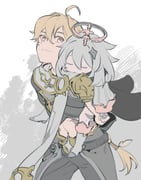 1boy 1girl aether_(genshin_impact) ahoge black_scarf blonde_hair boots braid carrying closed_eyes closed_mouth crystal_hair_ornament genshin_impact grey_background grey_hair grey_pants grey_shirt hair_between_eyes hair_ornament hair_ribbon halo head_on_another's_shoulder hitodepunch long_hair long_sleeves looking_at_another low-braided_long_hair low-tied_long_hair mechanical_halo midriff navel paimon_(genshin_impact) pants piggyback puffy_long_sleeves puffy_sleeves ribbon romper scarf shirt short_hair short_sleeves single_braid sleeping smile star_(symbol) two-tone_background white_background white_boots white_ribbon white_romper white_scarf yellow_eyes rating:g score:4 post #10174658