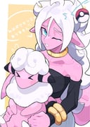 1girl >_< android_21 animal bare_shoulders black_tube_top border closed_eyes collarbone color_connection colored_skin crossover dragon_ball dragon_ball_fighterz flaaffy highres holding holding_animal majin_android_21 one_eye_closed pants pink_skin pointy_ears poke_ball poke_ball_(basic) pokemon pokemon_(creature) shirofal028 simple_background strapless tail tube_top white_border white_hair white_pants rating:s score:3 post #10147329
