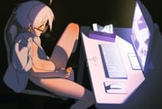 1boy blush bottomless cum cum_on_self dark_room foreskin glasses highres male_focus male_masturbation masturbation monitor naomifiction navel no_pants nude open_clothes open_shirt orange_eyes original penis pornography shirt short_hair solo stomach tissue_box white_hair white_shirt rating:e score:1 post #10174999