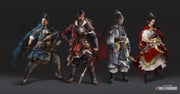 1girl 3boys absurdres armor arrow_(projectile) beard black_background blue_cape boots bow_(weapon) breastplate cape chinese_armor chinese_clothes dress facial_hair feathers full_body futou gauntlets gloves guan_hat han_dynasty hand_on_own_hip hanfu headband headdress helmet highres holding holding_polearm holding_weapon leather leather_armor leather_boots logo lulu_zhang multiple_boys official_art polearm red_cape red_dress romance_of_the_three_kingdoms sash shoulder_armor single_glove spear standing sun_ce sun_ren taishi_ci total_war total_war:_three_kingdoms turban weapon whisk yellow_sash zhou_yu rating:g score:3 post #7223105